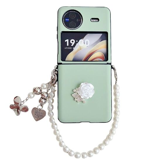 Custodia per cellulare antiurto con fibbia laterale rosa 3D per vivo X Flip con cinturino in perle (verde)