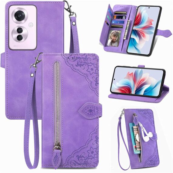 Per OPPO Reno11 F 5G Custodia per telefono in pelle con cerniera fiore in rilievo (viola)