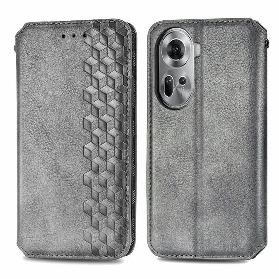 Per OPPO Reno11 5G EU Custodia per cellulare in pelle magnetica pressata con griglia cubica (grigio)