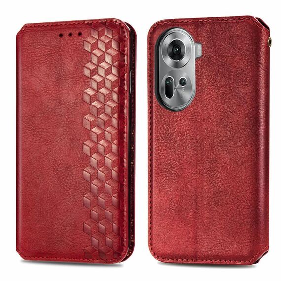 Per OPPO Reno11 5G EU Custodia per cellulare in pelle magnetica pressata con griglia cubica (rossa)