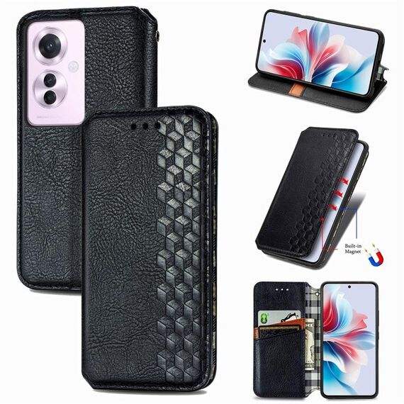 Per OPPO Reno11 F 5G Custodia per telefono in pelle magnetica pressata con griglia cubica (nera)