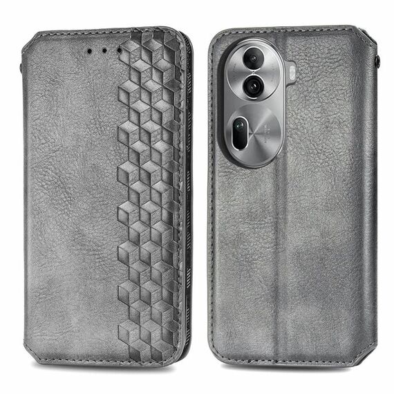Per OPPO Reno11 Pro 5G EU Custodia per telefono in pelle magnetica pressata con griglia cubica (grigio)