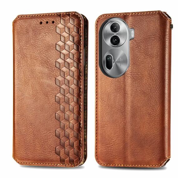 Per OPPO Reno11 Pro 5G Custodia per telefono in pelle magnetica pressata con griglia cubica EU (marrone)