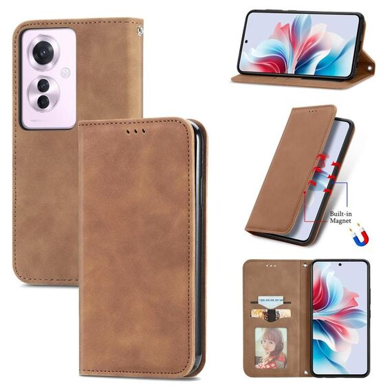 Per OPPO Reno11 F 5G Custodia per telefono in pelle con vibrazione magnetica retrò Skin Feel (marrone)