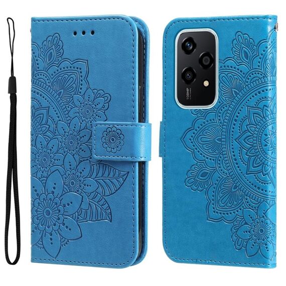 Custodia per telefono in pelle con goffratura globale a 7 petali di fiori per Honor 200 Lite 5G (blu)