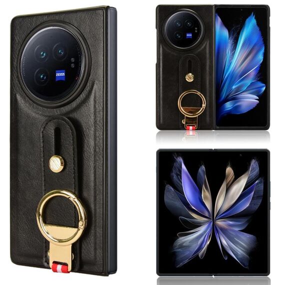 Custodia per cellulare con retro in pelle e cinturino per vivo X Fold3 Pro (nera)