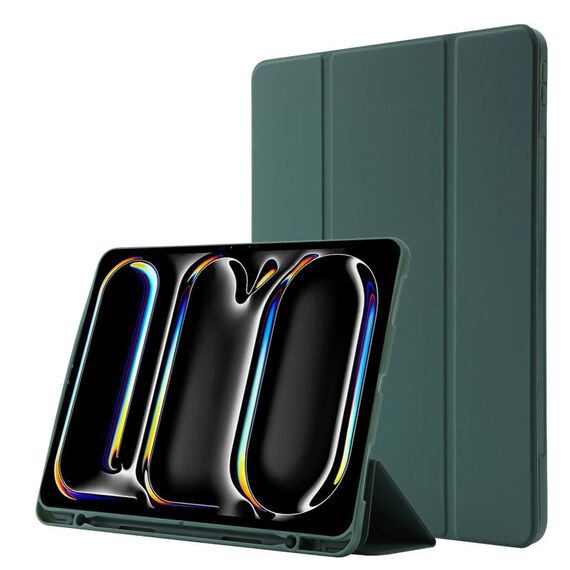 Custodia per tablet ripiegabile in pelle Skin Feel per iPad Pro 13 2024 con slot per penna (verde scuro)