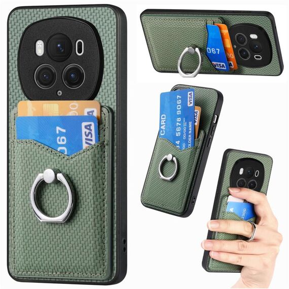 Custodia per telefono con anello a portafoglio per carte in fibra di carbonio per Honor Magic6 Pro (verde)