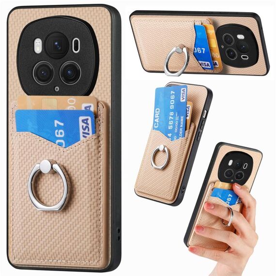 Custodia per telefono con anello a portafoglio per carte in fibra di carbonio per Honor Magic6 Pro (cachi)