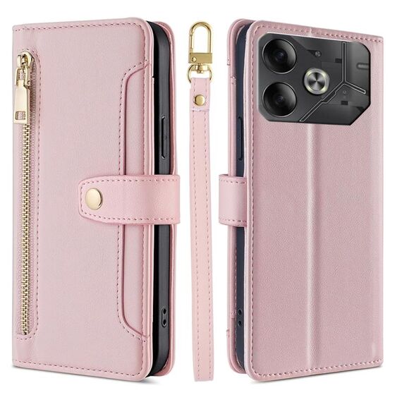 Custodia per cellulare in pelle con cerniera a tracolla con trama di pecora per Tecno Pova 6 5G (rosa)