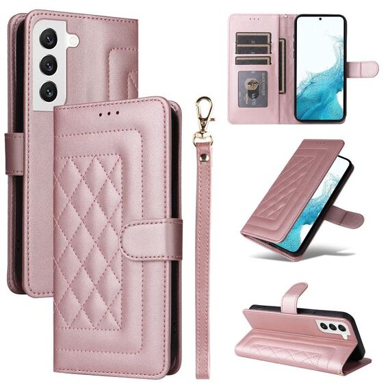 Per Samsung Galaxy S22 5G Custodia per cellulare in pelle con reticolo diamantato (oro rosa)