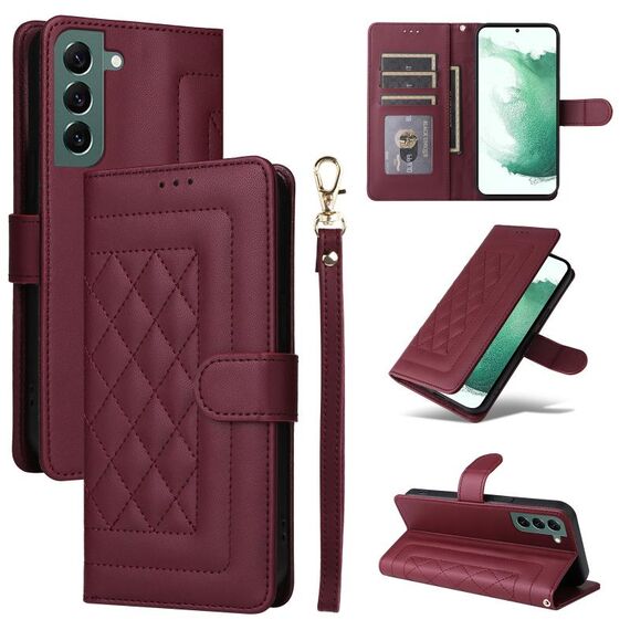 Per Samsung Galaxy S22+ 5G Custodia per cellulare in pelle con reticolo diamantato (vino rosso)