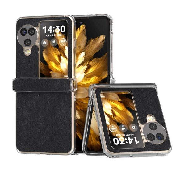 Per OPPO Find N3 Flip Custodia per telefono con bordo trasparente in pelle PU in tre parti (nero)