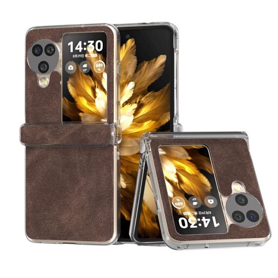Per OPPO Find N3 Flip Custodia per telefono con bordo trasparente in pelle PU in tre parti (caffè)