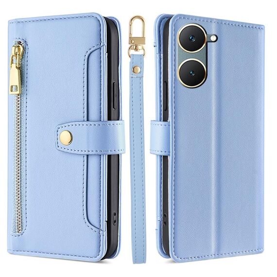 Per vivo Y03 4G Custodia per telefono in pelle con cerniera a tracolla con trama di pecora (blu)