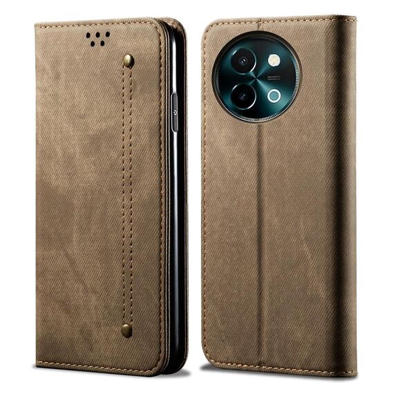 Custodia per telefono in pelle flip con texture denim globale per vivo Y38 5G (cachi)