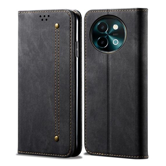 Per vivo Y38 5G Custodia per cellulare in pelle con texture denim globale (nera)
