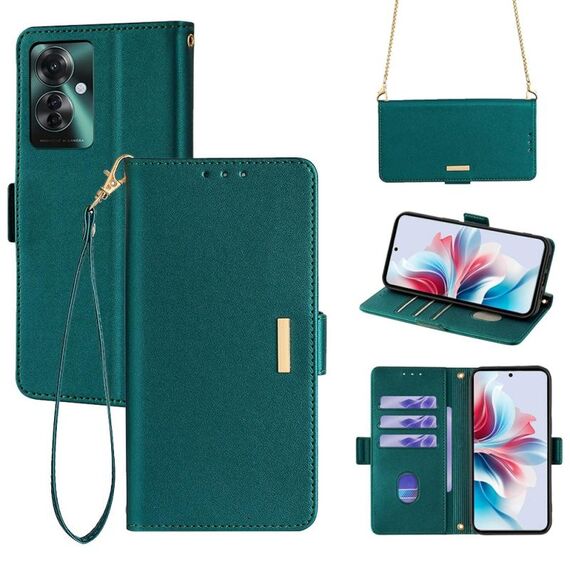 Per OPPO Reno11 F 5G Custodia per telefono in pelle con catena a tracolla (verde)