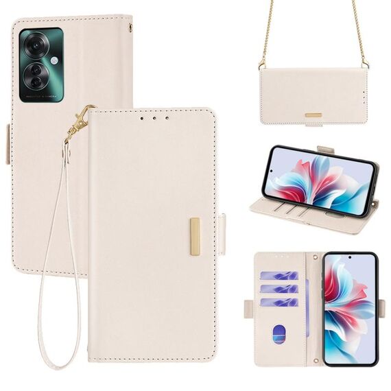 Per OPPO Reno11 F 5G Custodia per telefono in pelle con catena a tracolla (bianca)