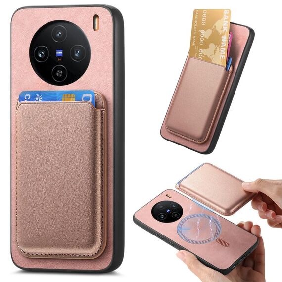 Custodia per telefono con cover posteriore in PU per vivo X100 Pro 5G Retro Magsafe Card (rosa)