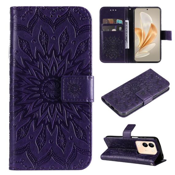 Per vivo V29e Global / Y200 5G Global Custodia in pelle con motivo girasole in rilievo (viola)