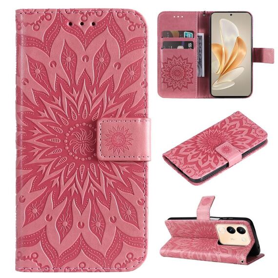 Custodia per cellulare in pelle con motivo girasole goffrato globale per vivo V29e Global / Y200 5G (rosa)