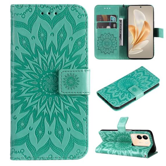 Custodia per cellulare in pelle con motivo girasole goffrato globale per vivo V29e Global / Y200 5G (verde)