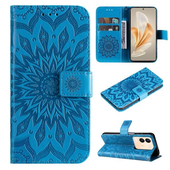 Per vivo V29e Global / Y200 5G Global Custodia in pelle con motivo girasole in rilievo (blu)