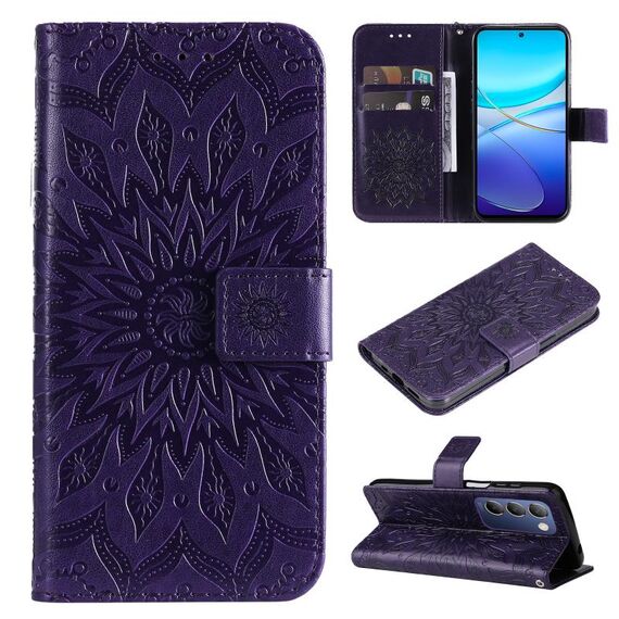 Custodia per cellulare in pelle con motivo girasole goffrato IDN per vivo V40 SE 5G / Y100 (viola)