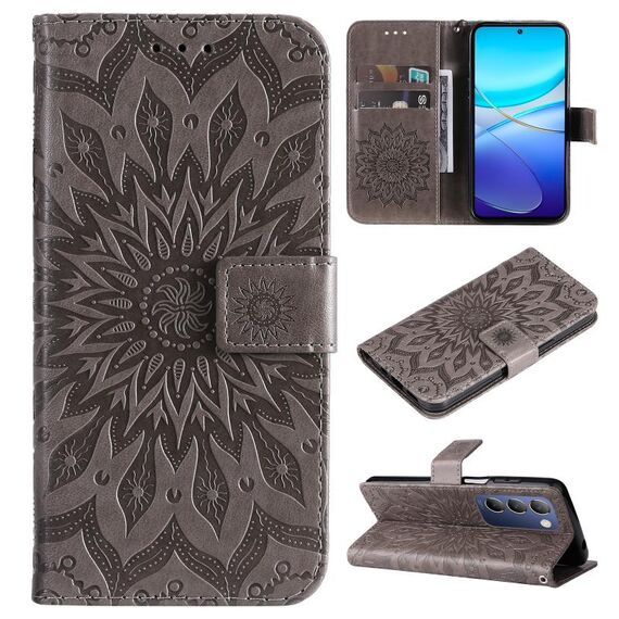 Custodia per cellulare in pelle con motivo girasole goffrato IDN per vivo V40 SE 5G / Y100 (grigio)