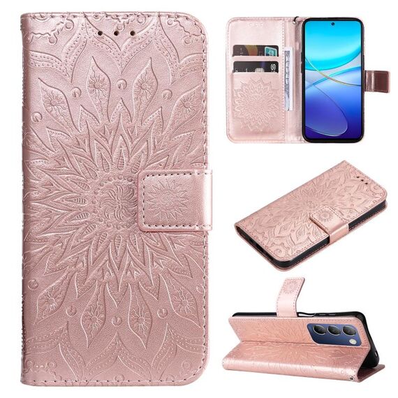 Per vivo Y200e 5G Global / V30 Lite India Custodia in pelle con motivo girasole goffrato (oro rosa)