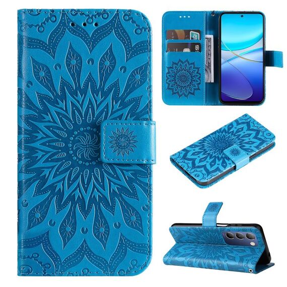 Per vivo Y200e 5G Global / V30 Lite India Custodia in pelle con motivo girasole goffrato (blu)