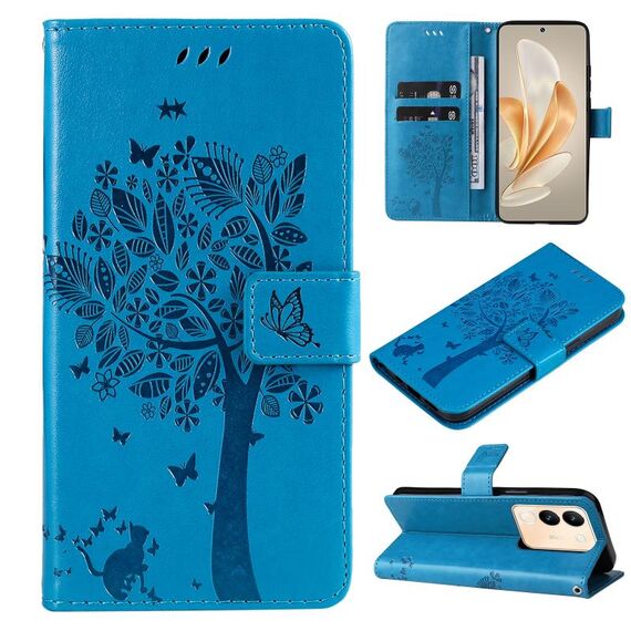 Custodia per cellulare in pelle con motivo a rilievo con albero e gatto per vivo V29e Global / Y200 5G (blu)