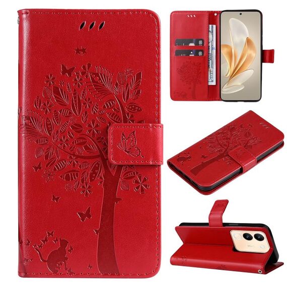 Per vivo V29e Global / Y200 5G Global Custodia per telefono in pelle con motivo albero e gatto in rilievo (rosso)
