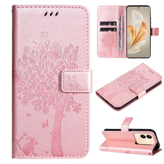 Custodia per cellulare in pelle con motivo a rilievo con albero e gatto per vivo V29e Global / Y200 5G (oro rosa)