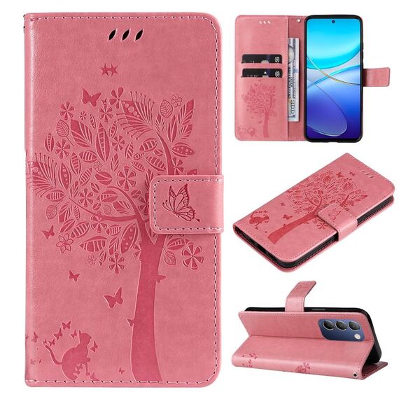 Custodia per cellulare in pelle con motivo albero e gatto in rilievo per vivo V40 SE 5G / Y100 (rosa)