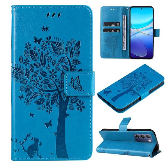 Custodia in pelle flip con motivo albero e gatto in rilievo per vivo Y200e 5G Global / V30 Lite (blu)