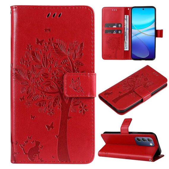 Custodia in pelle flip per vivo Y200e 5G Global / V30 Lite India con albero e gatto in rilievo (rosso)