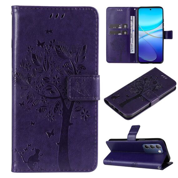 Custodia in pelle flip con motivo albero e gatto in rilievo per vivo Y200e 5G Global / V30 Lite (viola)