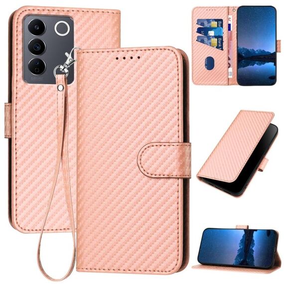 Per vivo V27 5G / V27 Pro 5G Global YX0070 Custodia per telefono in pelle con fibbia in fibra di carbonio con cordino (rosa)
