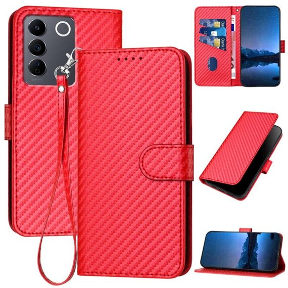 Per vivo V27e 4G Global / T2 4G Global YX0070 Custodia per telefono in pelle con fibbia in fibra di carbonio con cordino (rosso)