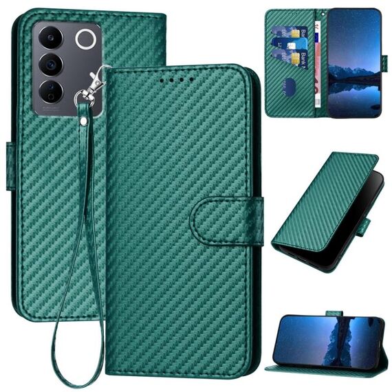 Per vivo V27e 4G Global / T2 4G Global YX0070 Custodia in pelle con fibbia in fibra di carbonio e cordino (verde scuro)