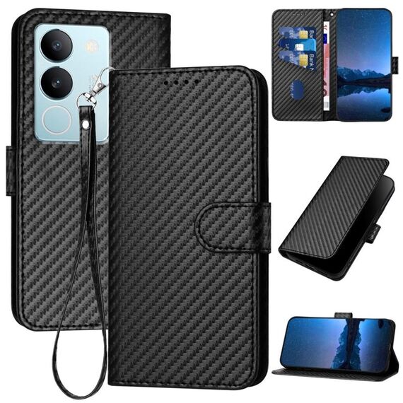 Per vivo V29 5G Global / V29 Pro YX0070 Custodia per cellulare in pelle con fibbia in fibra di carbonio con cordino (nero)