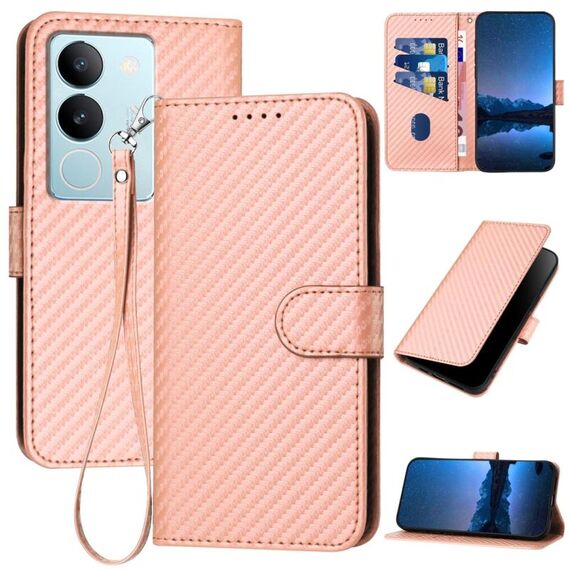 Per vivo V29 5G Global / V29 Pro YX0070 Custodia in pelle con fibbia in fibra di carbonio e cordino (rosa)