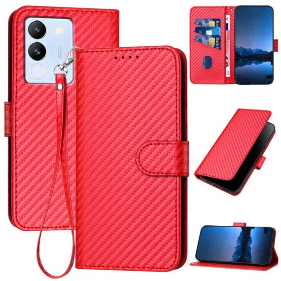 Per vivo V29e Global/Y200 5G Global YX0070 Custodia per telefono in pelle con fibbia in fibra di carbonio con cordino (rosso)