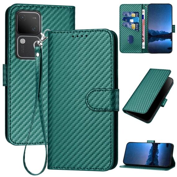 Per vivo V30 5G / V30 Pro 5G Global YX0070 Custodia in pelle con fibbia in fibra di carbonio e cordino (verde scuro)
