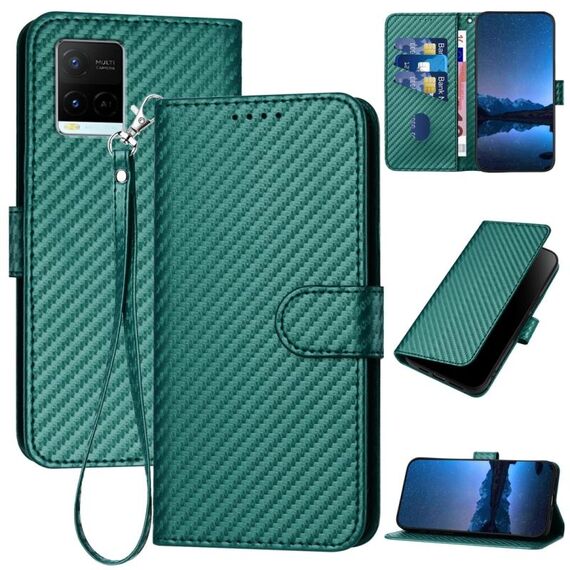 Per vivo Y21 2021 / Y33s / Y21s YX0070 Custodia per telefono in pelle con fibbia in fibra di carbonio con cordino (verde scuro)