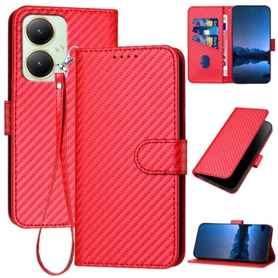 Per vivo Y27 4G Global YX0070 Custodia in pelle con fibbia in fibra di carbonio con cordino (rosso)