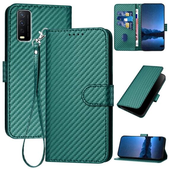 Per vivo Y30 4G Global YX0070 Custodia per telefono in pelle con fibbia in fibra di carbonio con cordino (verde scuro)
