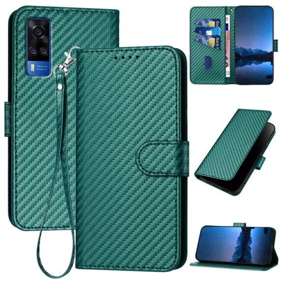Per vivo Y51/Y31 4G/Y53s 4G/Y51a YX0070 Custodia per telefono in pelle con fibbia in fibra di carbonio con cordino (verde scuro)